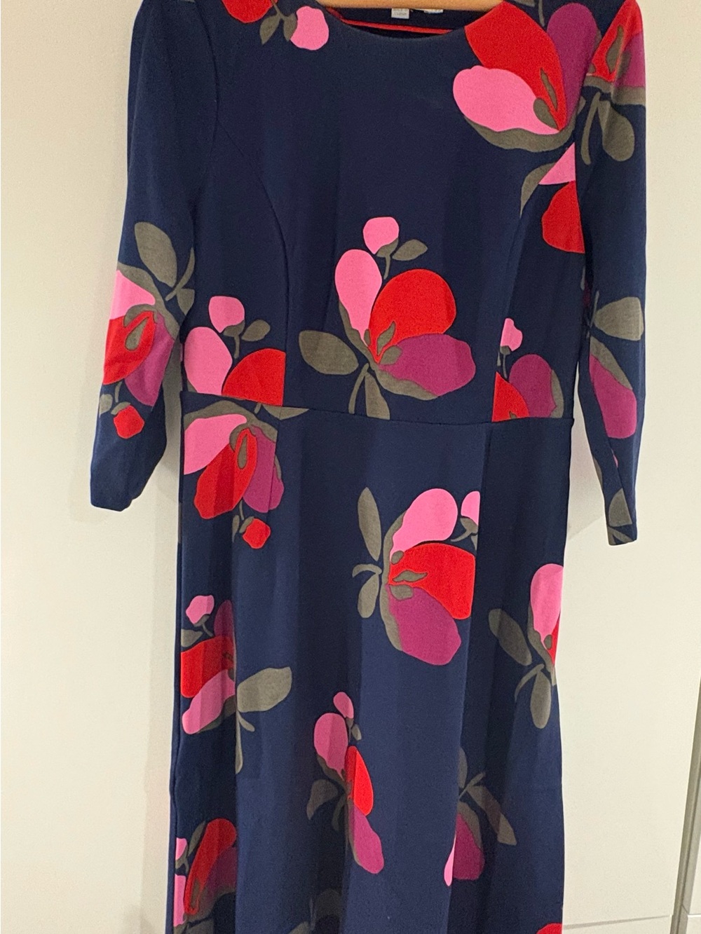 Boden Navy Midi Dress with Pink and Red Floral Design